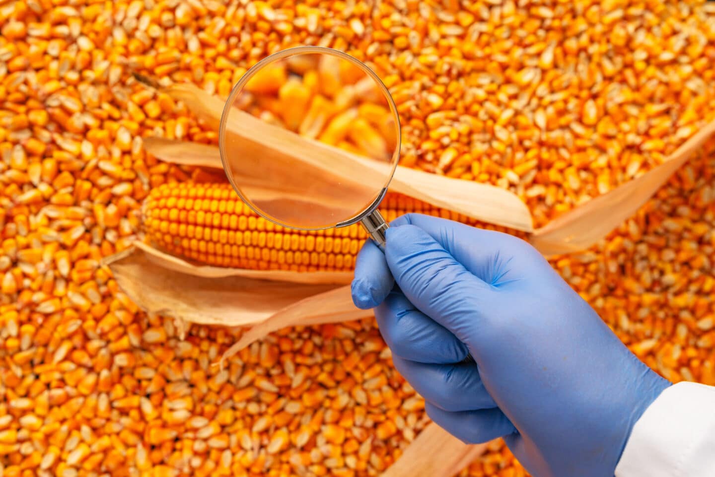 Scientist examining quality of harvested corn seed kernels